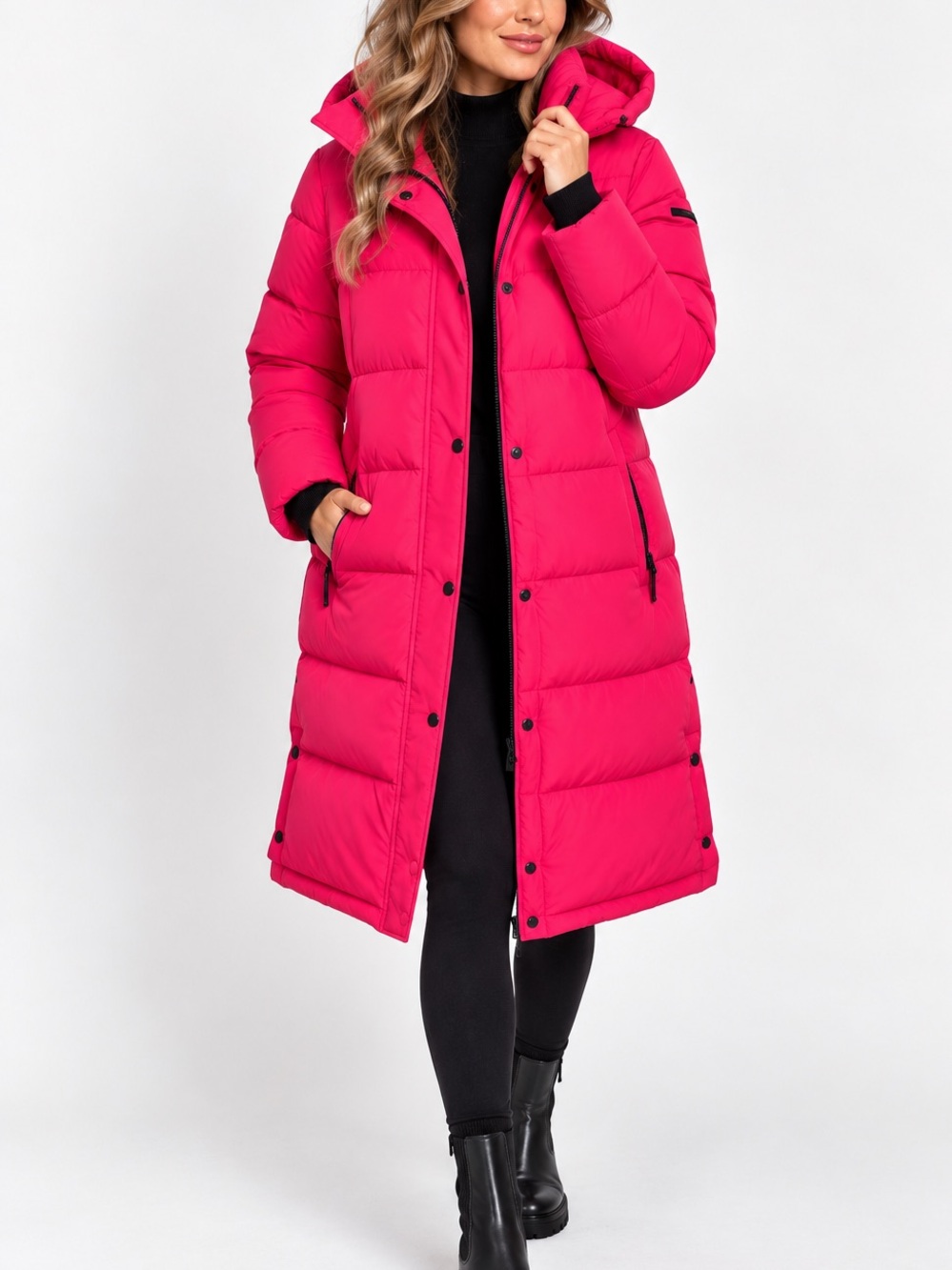 BCBGeneration Fuchsia Long Hooded Puffer Coat Winter Jacket NWT Size XS